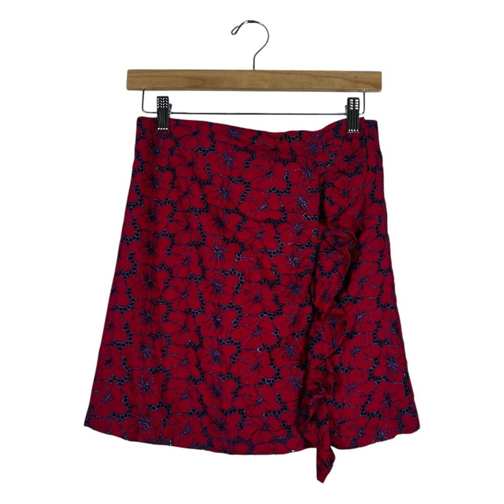 Jun & Ivy Floral Eyelet Ruffle Mini Skirt Red Blue Romantic Boho Size S
